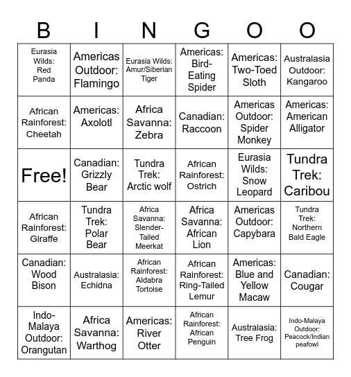 Zoo Animal Bingoo0 Bingo Card