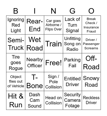 Car Crash Bingo Card