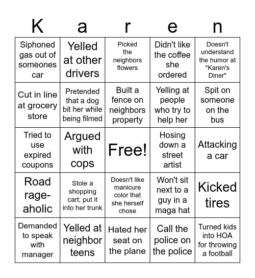 You Tube "Not Really a Karen"  Video Bingo Card