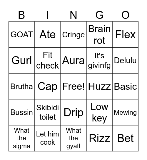 2025 Slang Bingo Card
