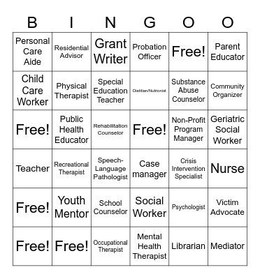 Human Service Career Bingo Card