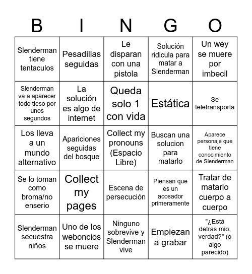 Slenderman Bingo Card
