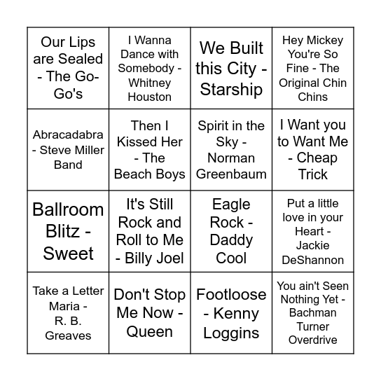 70's & 80's Bingo Card