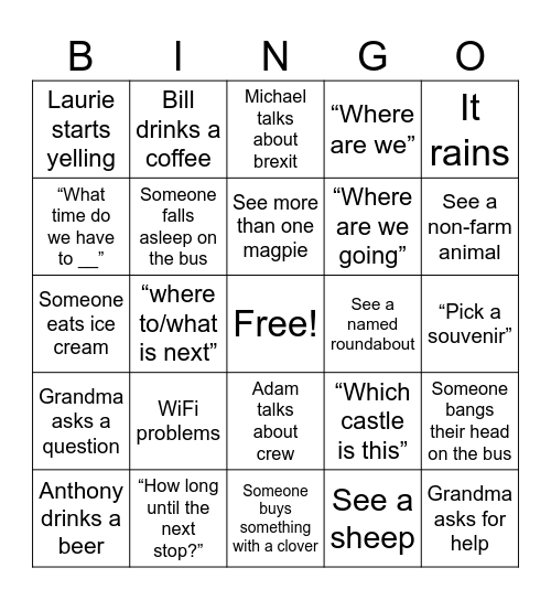 Ireland Trip 2025 Bingo Card
