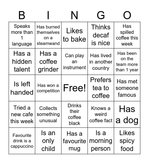 Coffee team bingo Card