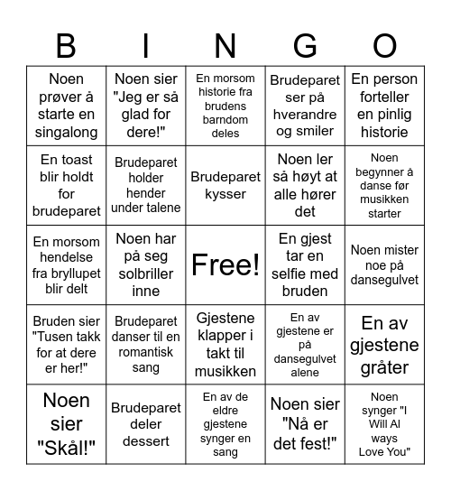 BryllupsBingo! Bingo Card