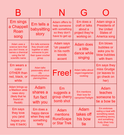 Em & Adam Bingo Card
