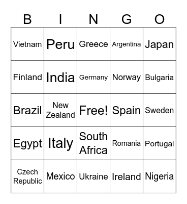 Countries Bingo Card