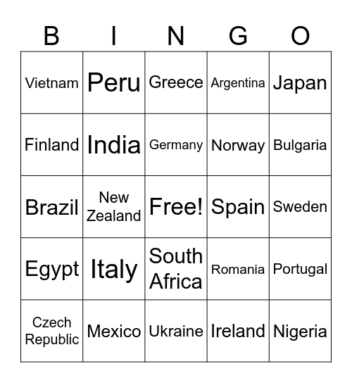 Countries Bingo Card