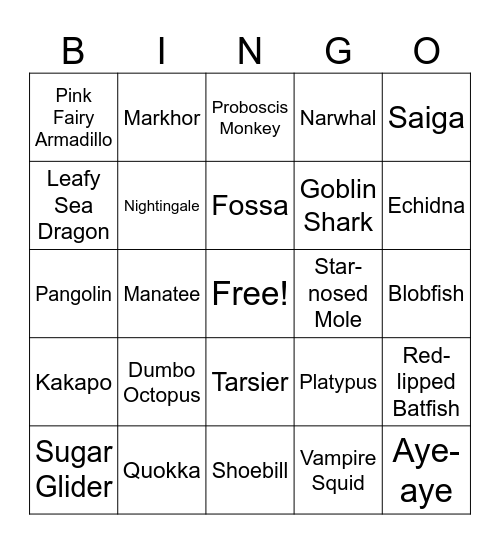 Weird animals Bingo Card