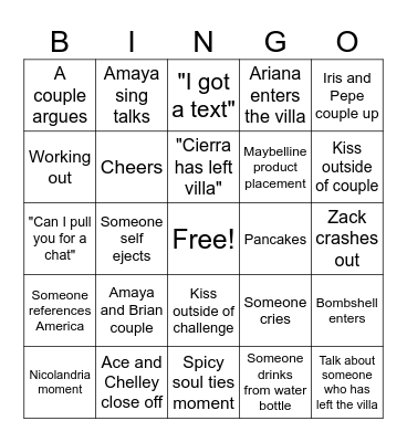 Love Island Bingo Card