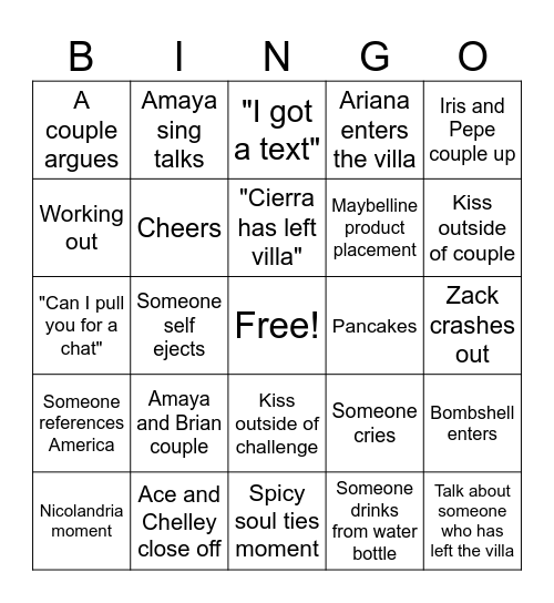 Love Island Bingo Card