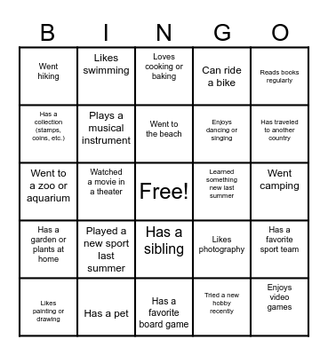 All About Me Bingo Card