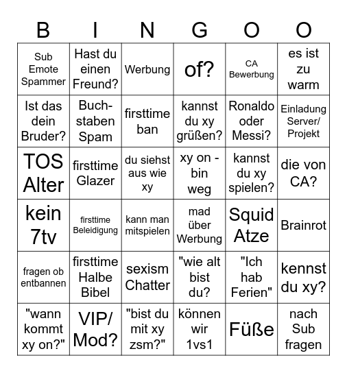 Ferien Chatter BINGI Bingo Card