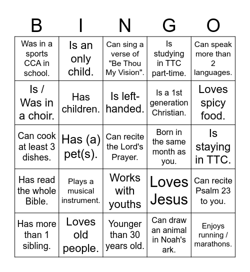 TTC Orientation Bingo Card