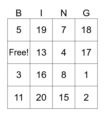 Les numeros 0-20 Bingo Card