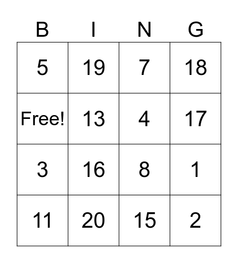 Les numeros 0-20 Bingo Card