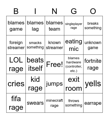 gamer rage bingo Card