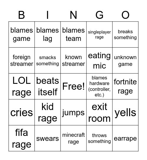 gamer rage bingo Card