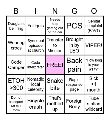 Sunday Funday ED Bingo Card