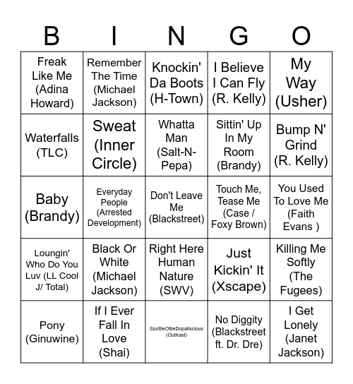 90's R&B Bingo Card