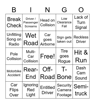 Driving Fails Bingo Card