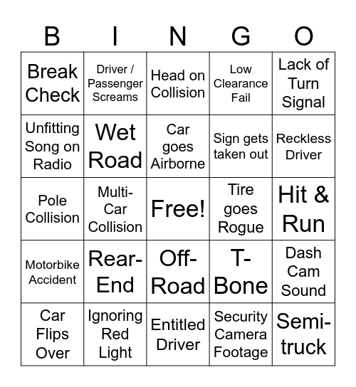Driving Fails Bingo Card