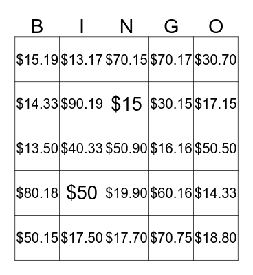 Money amounts Bingo Card