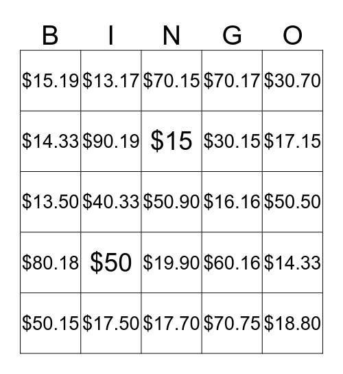 Money amounts Bingo Card
