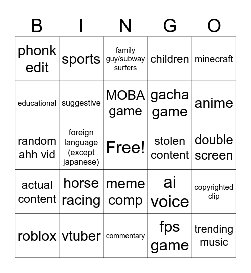 yt brainrot (albrd edition) Bingo Card