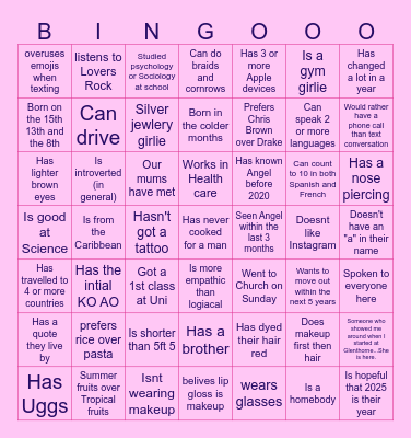 Angel's Ice breaker Bingo Card