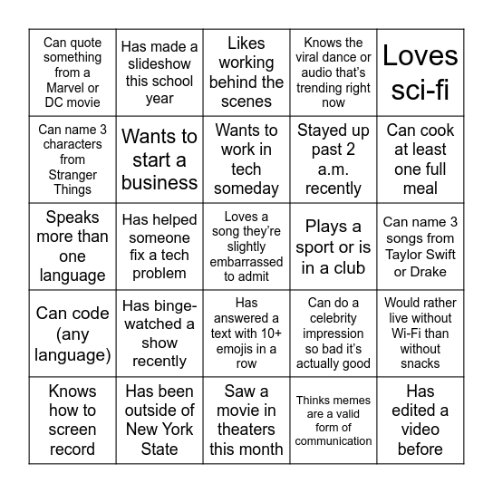 Icebreaker Bingo Card