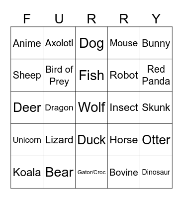 Furry Photo Bingo Card