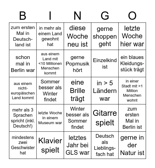Finde eine Person die, Bingo Card