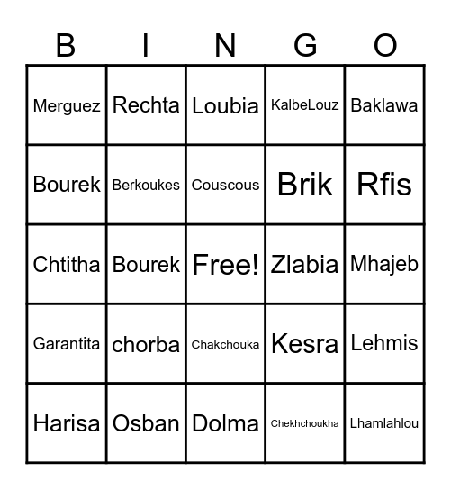 Algerian Food Bingo!! Bingo Card