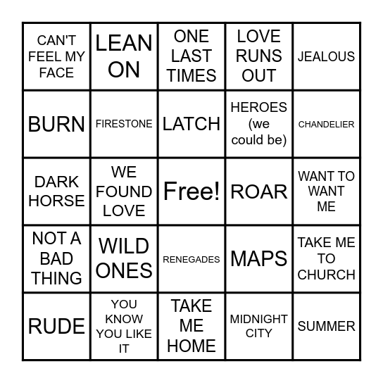 POP HITS FROM THE 2010s Bingo Card