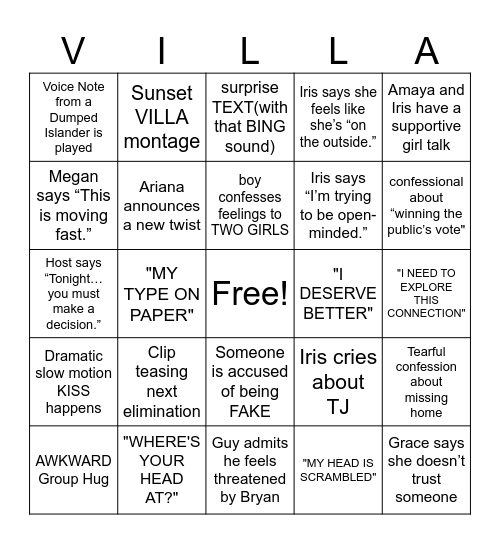 Love Island | SZN 7; Episode 30 Bingo Card
