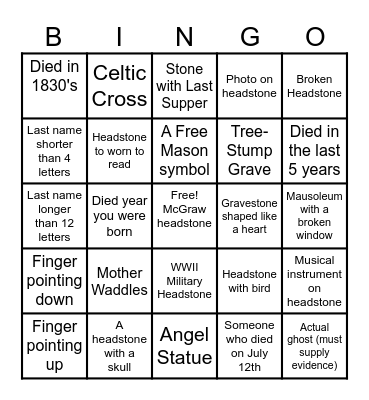 Cemetery Bingo Card