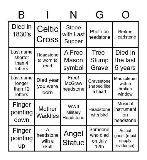 Cemetery Bingo Card