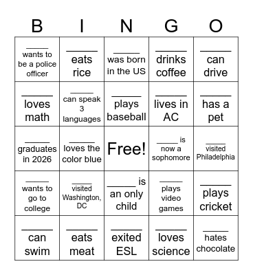 Getting to Know Your Summer Classmates Bingo Card