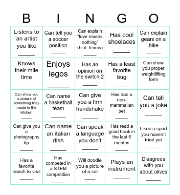 FIND SOMEONE WHO: Bingo Card