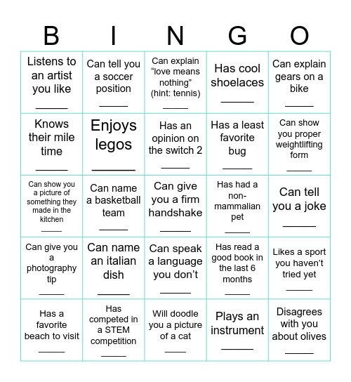 FIND SOMEONE WHO: Bingo Card