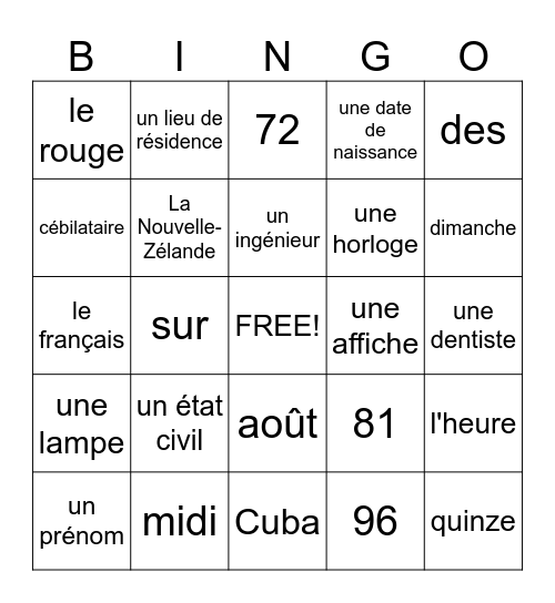 le français (révision) Bingo Card