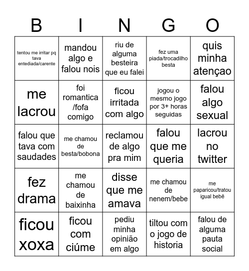 coisas que minha namorada faz Bingo Card