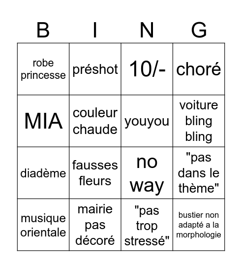 mariage Bingo Card