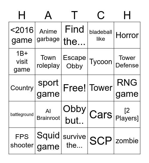 Roblox The Hatch Biome Bingo Card