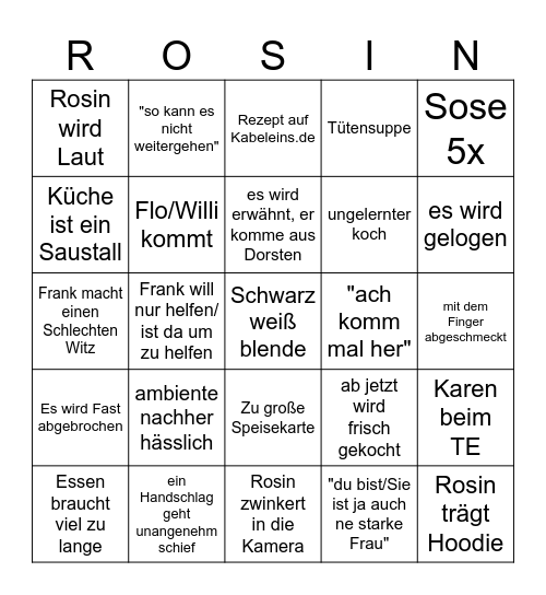 Rosins restaurant focus Bingo Card