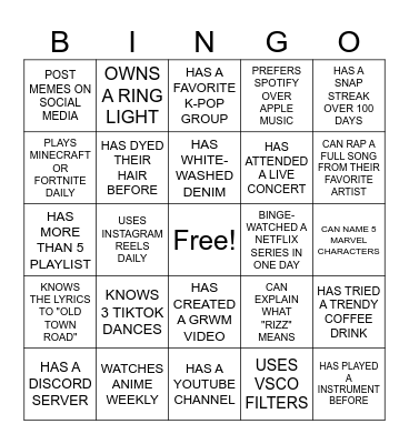 TEENS BINGO Card