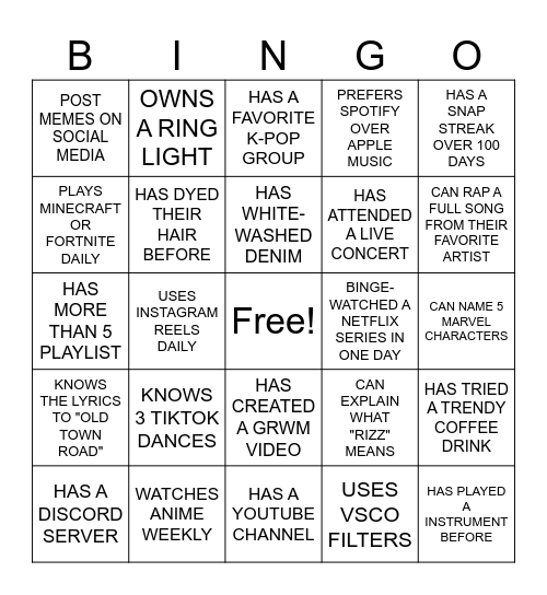 TEENS BINGO Card