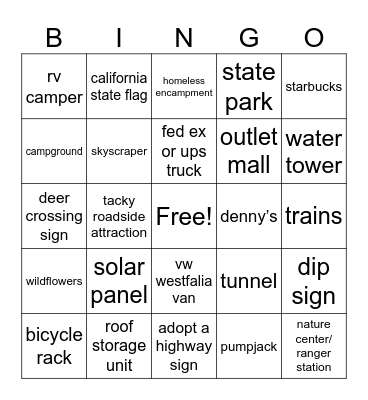CA Roadtrip Bingo Card